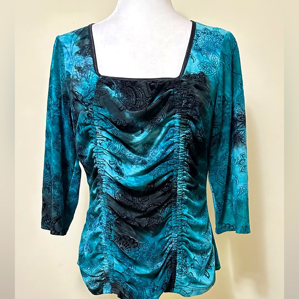 Sami & Jo Blue Green w Black Square Neckline Ruched Down Front Blouse Top LP - Picture 8 of 15